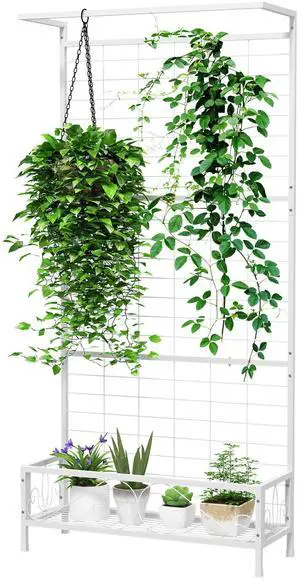 Aosom Metal Tall Plant Stand with Trellis and Hanging Bar, Plant Holder for Indoor Outdoor Use, 35" x 12.8" x 74", White Aosom Metal Tall Plant Stand with Trellis and Hanging Bar, Plant Holder for Indoor Outdoor Use, 35" x 12.8" x 74", White