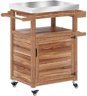 Aosom Outdoor Grill Cart with Stainless Steel Top, Solid Wood Outdoor Kitchen Island with Wheels, Drawer, Side Handle, Brown Aosom Outdoor Grill Cart with Stainless Steel Top, Solid Wood Outdoor Kitchen Island with Wheels, Drawer, Side Handle, Brown