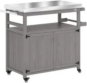 Aosom Outdoor Grill Cart w/ Stainless Steel Top, Solid Wood Outdoor Kitchen Island w/ Wheels, Storage Cabinets, Gray Aosom Outdoor Grill Cart w/ Stainless Steel Top, Solid Wood Outdoor Kitchen Island w/ Wheels, Storage Cabinets, Gray