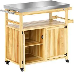 Aosom Outdoor Grill Cart w/ Stainless Steel Top, Solid Wood Outdoor Kitchen Island w/ Wheels, Storage Cabinets, Natural Wood Aosom Outdoor Grill Cart w/ Stainless Steel Top, Solid Wood Outdoor Kitchen Island w/ Wheels, Storage Cabinets, Natural Wood