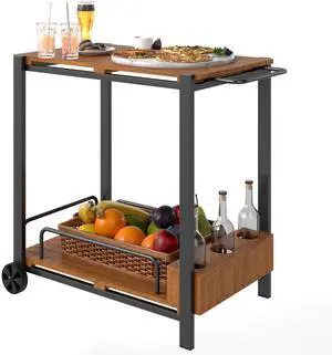 Aosom Acacia Wood Outdoor Bar Cart with Wheels, Rolling 2-Tier Coffee & Drink Cart with 3 Bottle Holders, Teak Aosom Acacia Wood Outdoor Bar Cart with Wheels, Rolling 2-Tier Coffee & Drink Cart with 3 Bottle Holders, Teak