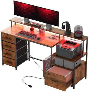 Aosom Computer Desk with Power Outlets and LED Lights, 67" Computer Table with File Cabinet and Fabric Drawers, Rustic Brown Aosom Computer Desk with Power Outlets and LED Lights, 67" Computer Table with File Cabinet and Fabric Drawers, Rustic Brown