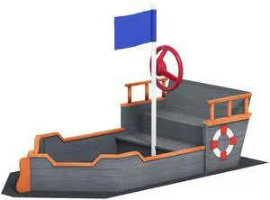Aosom Kids Wooden Sandbox Pirate Ship Sandboat w/ Bench Seat Storage Space Ceder Wood, Gray Aosom Kids Wooden Sandbox Pirate Ship Sandboat w/ Bench Seat Storage Space Ceder Wood, Gray