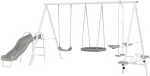 Aosom 5 in 1 Kids Swing Set for Backyard with Heavy-Duty A-Frame Stand, Saucer Swing, Slide, Seesaw, Glider, Swing Seat, Gray Aosom 5 in 1 Kids Swing Set for Backyard with Heavy-Duty A-Frame Stand, Saucer Swing, Slide, Seesaw, Glider, Swing Seat, Gray