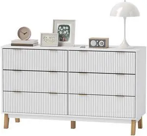 Aosom 6 Drawer Double Dresser for Bedroom, Fluted Chest of Drawers with Gold Finger Pulls and 5 Wood Legs, White Aosom 6 Drawer Double Dresser for Bedroom, Fluted Chest of Drawers with Gold Finger Pulls and 5 Wood Legs, White