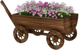 Aosom Wooden Wagon Planter Box, Mobile Garden Planter with 4 Wheels, Small Wheelbarrow Wagon Flower Cart with Drainage Hole Aosom Wooden Wagon Planter Box, Mobile Garden Planter with 4 Wheels, Small Wheelbarrow Wagon Flower Cart with Drainage Hole