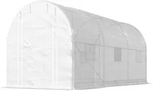 Aosom Hoop House Greenhouse, Walk-in Tunnel Greenhouse with 2 Support Rods, Zippered Roll-up Mesh Door, 14.6'x6.5'x6.6', White Aosom Hoop House Greenhouse, Walk-in Tunnel Greenhouse with 2 Support Rods, Zippered Roll-up Mesh Door, 14.6'x6.5'x6.6', White