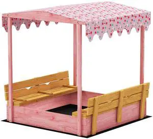 AosomQaba Wooden Sandbox with Cover, Kids Sandbox Outdoor with Seat, Bottom Liner, Canopy for Ages 3-6, Flamingos Print, Pink AosomQaba Wooden Sandbox with Cover, Kids Sandbox Outdoor with Seat, Bottom Liner, Canopy for Ages 3-6, Flamingos Print, Pink