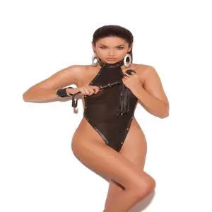 Elegant Moments Halter neck fishnet thong back teddy embellished with studs and leather trim *Available Boxed, 100% Leather Teddy , 100% Leather, Black, One Size Elegant Moments Halter neck fishnet thong back teddy embellished with studs and leather trim *Available Boxed, 100% Leather Teddy , 100% Leather, Black, One Size