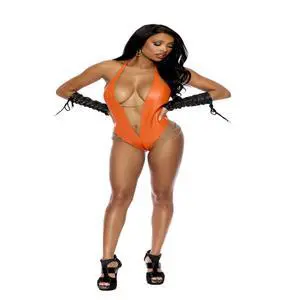 Elegant Moments Deep V leather halter neck teddy with chain detail , 100% Leather Teddy , 100% Leather, Orange, One Size Elegant Moments Deep V leather halter neck teddy with chain detail , 100% Leather Teddy , 100% Leather, Orange, One Size