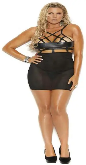 Elegant Moments Leather and fishnet babydoll with strappy front detail, adjustable straps and back clip closure Matching g-string included, 100% Leather Babydoll 2 pc. Set , 100% Leather, Black, 2X Elegant Moments Leather and fishnet babydoll with strappy front detail, adjustable straps and back clip closure Matching g-string included, 100% Leather Babydoll 2 pc. Set , 100% Leather, Black, 2X