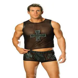 Elegant Moments Mesh tank top with leather cross trimmed in nail heads , 100% Leather Top Menswear , 100% Leather, Black, M Elegant Moments Mesh tank top with leather cross trimmed in nail heads , 100% Leather Top Menswear , 100% Leather, Black, M