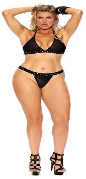 Elegant Moments Fishnet bra top and g-string with vinyl trim and nail heads, 70% Polyester, 30% Polyurethane 2 pc. Set , 70% Polyester, 30% Polyurethane, Black, Queen Size Elegant Moments Fishnet bra top and g-string with vinyl trim and nail heads, 70% Polyester, 30% Polyurethane 2 pc. Set , 70% Polyester, 30% Polyurethane, Black, Queen Size