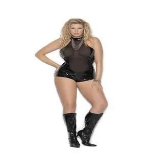 Elegant Moments Vinyl and mesh romper with chain front detail, 70% Polyester, 30% Polyurethane Romper , 70% Polyester, 30% Polyurethane, Black, 2X Elegant Moments Vinyl and mesh romper with chain front detail, 70% Polyester, 30% Polyurethane Romper , 70% Polyester, 30% Polyurethane, Black, 2X