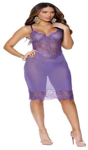 Elegant Moments Tea length eyelash lace and mesh gown with underwire cups, adjustable straps and hook and eye back closure Matching g-string included , 95% Polyester 5% Spandex Gown 2 pc. Set , 95% P Elegant Moments Tea length eyelash lace and mesh gown with underwire cups, adjustable straps and hook and eye back closure Matching g-string included , 95% Polyester 5% Spandex Gown 2 pc. Set , 95% P