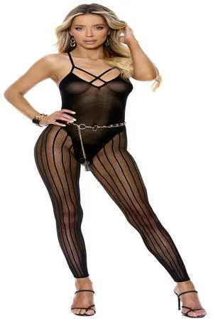 Elegant Moments Opaque and crochet vertical striped footless bodystocking with criss cross front detail and open crotch, 90% Nylon, 10% Spandex Bodystocking Hosiery/Clothing , 90% Nylon, 10% Spandex, Elegant Moments Opaque and crochet vertical striped footless bodystocking with criss cross front detail and open crotch, 90% Nylon, 10% Spandex Bodystocking Hosiery/Clothing , 90% Nylon, 10% Spandex,