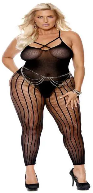 Elegant Moments Opaque and crochet vertical striped footless bodystocking with criss cross front detail and open crotch, 90% Nylon, 10% Spandex Bodystocking Hosiery/Clothing , 90% Nylon, 10% Spandex, Elegant Moments Opaque and crochet vertical striped footless bodystocking with criss cross front detail and open crotch, 90% Nylon, 10% Spandex Bodystocking Hosiery/Clothing , 90% Nylon, 10% Spandex,