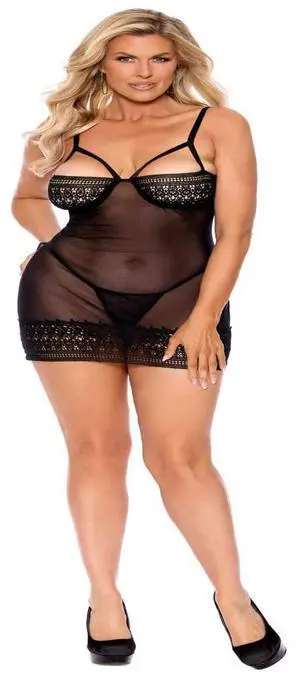 Elegant Moments Mesh and crochet lace babydoll with underwire demi cups, strappy front detail, adjustable straps, back hook and eye closure and lace up back detail Matching g-string included , 95% Po Elegant Moments Mesh and crochet lace babydoll with underwire demi cups, strappy front detail, adjustable straps, back hook and eye closure and lace up back detail Matching g-string included , 95% Po