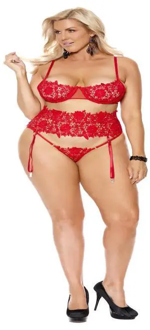 Elegant Moments Embroidered lace and mesh underwire bra with adjustable straps and hook and eye back closure Waist cincher has hook and eye back closure Garters are adjustable and detachable Matching Elegant Moments Embroidered lace and mesh underwire bra with adjustable straps and hook and eye back closure Waist cincher has hook and eye back closure Garters are adjustable and detachable Matching
