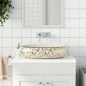 vidaXL Countertop Basin White and Gold Oval 23.2x15.7x5.9" Ceramic vidaXL Countertop Basin White and Gold Oval 23.2x15.7x5.9" Ceramic