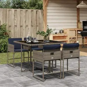 vidaXL 5 Piece Garden Dining Set with Cushions Grey Poly Rattan vidaXL 5 Piece Garden Dining Set with Cushions Grey Poly Rattan