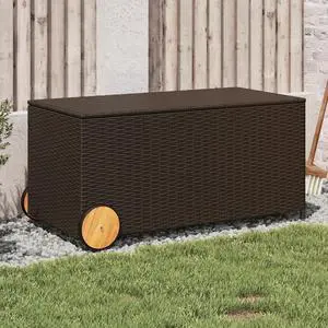 vidaXL Garden Storage Box with Wheels Brown 50.2 Gal Poly Rattan vidaXL Garden Storage Box with Wheels Brown 50.2 Gal Poly Rattan