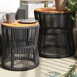 vidaXL Patio Side Tables 2 pcs with Wooden Top Black Poly Rattan vidaXL Patio Side Tables 2 pcs with Wooden Top Black Poly Rattan