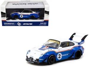 RWB 993 #2 "Liberty Walk" White and Blue Metallic with Container Packaging "Hobby64" Series 1/64 Diecast Model Car by Tarmac Works RWB 993 #2 "Liberty Walk" White and Blue Metallic with Container Packaging "Hobby64" Series 1/64 Diecast Model Car by Tarmac Works