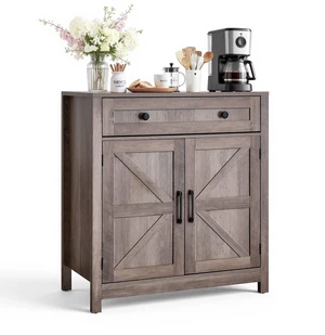 Coffee Bar Cabinet, Farmhouse Coffee Bar Table with Drawer, Buffet Stand Cabinet with 2 Barn Doors, Sideboard Buffet Station for Living Room, Entryway, Kitchen, 29.5 x 14.7 x 31.5 in, Grey Coffee Bar Cabinet, Farmhouse Coffee Bar Table with Drawer, Buffet Stand Cabinet with 2 Barn Doors, Sideboard Buffet Station for Living Room, Entryway, Kitchen, 29.5 x 14.7 x 31.5 in, Grey