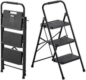 VEVOR 3 Step Ladder, Folding Step Stool with Wide Anti-Slip Pedal and Comfort Handgrip, Lightweight 600 lbs Capacity Portable Steel Ladder, Multi-Use for Kitchen, Home, Household and Office, Black VEVOR 3 Step Ladder, Folding Step Stool with Wide Anti-Slip Pedal and Comfort Handgrip, Lightweight 600 lbs Capacity Portable Steel Ladder, Multi-Use for Kitchen, Home, Household and Office, Black