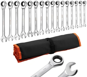 VEVOR Combination Wrench Set, 16-Piece SAE Sizes, 72 Teeth, Cr-V Steel Ratcheting Wrench Set, with Roll Up Pouch, Open End, Clear Size Labels, for General Household and Automotive Repairs, Silver VEVOR Combination Wrench Set, 16-Piece SAE Sizes, 72 Teeth, Cr-V Steel Ratcheting Wrench Set, with Roll Up Pouch, Open End, Clear Size Labels, for General Household and Automotive Repairs, Silver