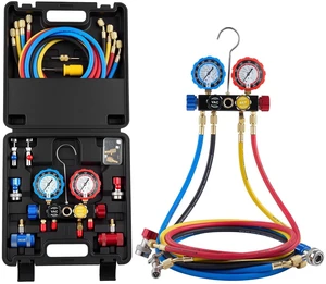 VEVOR AC Manifold Gauge Set for R134a R404A R1234yf R22 Refrigerant, 4 Way AC Gauge with 5 ft Hoses, Adapters, Quick Couplers, Can Taps for Automotive Air Conditioning Maintenance, Charging Evacuation VEVOR AC Manifold Gauge Set for R134a R404A R1234yf R22 Refrigerant, 4 Way AC Gauge with 5 ft Hoses, Adapters, Quick Couplers, Can Taps for Automotive Air Conditioning Maintenance, Charging Evacuation