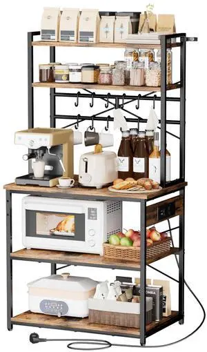 VEVOR Kitchen Bakers Rack, 5 ft Power Cable Bakers Rack with Power Outlet, Kitchen Stand with X-Shaped Support Bar, 12 S-Shaped Hooks, Coffee Bar Stand for Dishes, Spice Bottles, Built-In Power Strip VEVOR Kitchen Bakers Rack, 5 ft Power Cable Bakers Rack with Power Outlet, Kitchen Stand with X-Shaped Support Bar, 12 S-Shaped Hooks, Coffee Bar Stand for Dishes, Spice Bottles, Built-In Power Strip