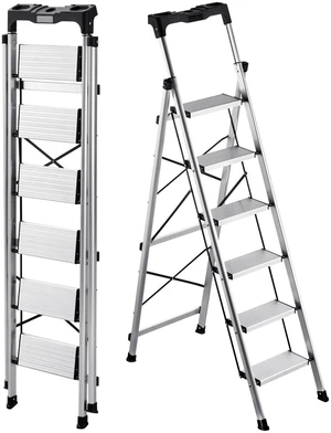 VEVOR 6 Step Ladder, Folding Step Stool with Wide Anti-Slip Pedal and Comfort Handgrip, 330 lbs Capacity Portable Aluminum Stepladder, Multi-Use for Kitchen, Warehouse, Household and Office, Silver VEVOR 6 Step Ladder, Folding Step Stool with Wide Anti-Slip Pedal and Comfort Handgrip, 330 lbs Capacity Portable Aluminum Stepladder, Multi-Use for Kitchen, Warehouse, Household and Office, Silver
