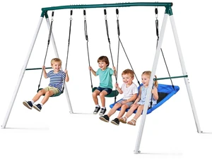 VEVOR Swing Set for Backyard, 45 x 30 in Swing Seat and Two Belt Seats, with Heavy Duty A-Frame Metal Stand, 700 lbs Load Capacity, Reinforced with Spiral Ground Anchors, Swingset Outdoor for Kids VEVOR Swing Set for Backyard, 45 x 30 in Swing Seat and Two Belt Seats, with Heavy Duty A-Frame Metal Stand, 700 lbs Load Capacity, Reinforced with Spiral Ground Anchors, Swingset Outdoor for Kids