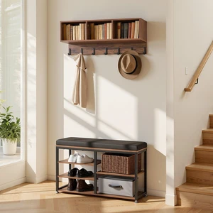 VEVOR Coat Rack with Shoe Bench, 3-in-1 Shoe Coat Rack Combo Set with Hooks and Bookshelf, Steel Frame Hall Tree Entrance Storage Organizer Holder for Entry, Bedroom, Closet, Office, Rustic Brown VEVOR Coat Rack with Shoe Bench, 3-in-1 Shoe Coat Rack Combo Set with Hooks and Bookshelf, Steel Frame Hall Tree Entrance Storage Organizer Holder for Entry, Bedroom, Closet, Office, Rustic Brown