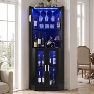 VEVOR Corner Wine Cabinet, Bar Cabinet with Ample Storage, Modern Buffet Sideboard with Glass Holder, Adjustable LED Brightness, Anti-Tip Strap, for Home Kitchen, Living Room, Dining Room, Black Wood VEVOR Corner Wine Cabinet, Bar Cabinet with Ample Storage, Modern Buffet Sideboard with Glass Holder, Adjustable LED Brightness, Anti-Tip Strap, for Home Kitchen, Living Room, Dining Room, Black Wood