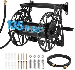 VEVOR Wall Mounted Garden Hose Reel, Holds 135 Feet of 5/8-inch Hose, Outdoor Heavy-Duty Waterhose Holder Winder, with Widened Top Tray, Aluminum Alloy Connector, Decorative Pattern, for Backyards VEVOR Wall Mounted Garden Hose Reel, Holds 135 Feet of 5/8-inch Hose, Outdoor Heavy-Duty Waterhose Holder Winder, with Widened Top Tray, Aluminum Alloy Connector, Decorative Pattern, for Backyards
