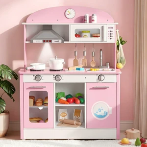 VEVOR Play Kitchen for Kids, Wooden, Kids Kitchen Playset with Real Lights & Sounds, Food & Cookware Accessories, Pretend Play Toy Set, Range Hood, Microwave, for Toddlers, Girls & Boys Ages 3-8, Pink VEVOR Play Kitchen for Kids, Wooden, Kids Kitchen Playset with Real Lights & Sounds, Food & Cookware Accessories, Pretend Play Toy Set, Range Hood, Microwave, for Toddlers, Girls & Boys Ages 3-8, Pink