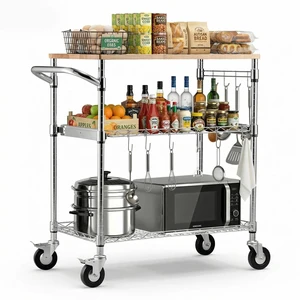 VEVOR Kitchen Utility Cart, 3 Tier Heavy Duty Adjustable Wire Storage Rack with Wood Tabletop and Handle Bar, Rolling Portable Service Trolley on Wheels, 661 lbs Steel Work Table, 30x18x36 in VEVOR Kitchen Utility Cart, 3 Tier Heavy Duty Adjustable Wire Storage Rack with Wood Tabletop and Handle Bar, Rolling Portable Service Trolley on Wheels, 661 lbs Steel Work Table, 30x18x36 in