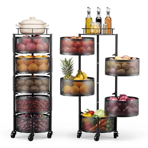 VEVOR Rotating Storage Rack Cart, 5 Tier Fruit and Vegetable Basket Bowls, Heavy Duty Wire Basket Organizer on Wheels, Large Capacity Stand with Metal Top Lid, for Kitchen Bathroom Nursery, Black VEVOR Rotating Storage Rack Cart, 5 Tier Fruit and Vegetable Basket Bowls, Heavy Duty Wire Basket Organizer on Wheels, Large Capacity Stand with Metal Top Lid, for Kitchen Bathroom Nursery, Black