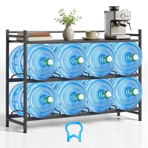 VEVOR Water Jug Holder, 3 Tiers 4 Rows 3 and 5 Gallon Water Bottle Holder for 8 Bottles, Heavy Duty Jug Rack Organizer with Storage Shelf, Angled Design, for Kitchen, Office, Living Room, Black VEVOR Water Jug Holder, 3 Tiers 4 Rows 3 and 5 Gallon Water Bottle Holder for 8 Bottles, Heavy Duty Jug Rack Organizer with Storage Shelf, Angled Design, for Kitchen, Office, Living Room, Black