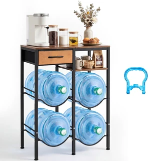 VEVOR Water Jug Holder, 4 Tiers Double Rows 3 and 5 Gallon Water Bottle Holder for 4 Bottles, Heavy Duty Jug Rack Organizer with Storage Shelf and Drawer, for Kitchen, Living Room, Black and Brown VEVOR Water Jug Holder, 4 Tiers Double Rows 3 and 5 Gallon Water Bottle Holder for 4 Bottles, Heavy Duty Jug Rack Organizer with Storage Shelf and Drawer, for Kitchen, Living Room, Black and Brown