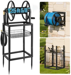 VEVOR Freestanding Garden Hose Reel, Holds 125 Feet of 5/8-inch Hose, Wall Mount or Ground Mount, Detachable Holder Stand with Storage Rack, 5 ft Leader Hose, Brass Fitting, 4 Spikes, for Backyards VEVOR Freestanding Garden Hose Reel, Holds 125 Feet of 5/8-inch Hose, Wall Mount or Ground Mount, Detachable Holder Stand with Storage Rack, 5 ft Leader Hose, Brass Fitting, 4 Spikes, for Backyards