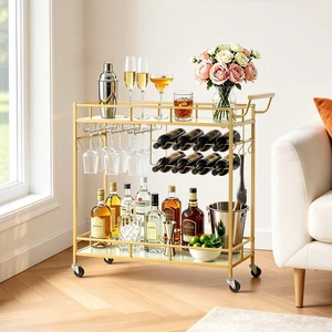 VEVOR Bar Cart, 2 Tiers Home Kitchen Serving Carts, Modern Rolling Utility Station on Wheels, Drink Beverage Trolley with Mirrored Glass Shelves, Wine Rack, Glass Holder, for Living Dining Room, Gold VEVOR Bar Cart, 2 Tiers Home Kitchen Serving Carts, Modern Rolling Utility Station on Wheels, Drink Beverage Trolley with Mirrored Glass Shelves, Wine Rack, Glass Holder, for Living Dining Room, Gold