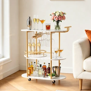 VEVOR Bar Cart, 3 Tiers Home Kitchen Serving Carts, Modern Round Rolling Utility Station on Wheels, Mobile Drink Beverage Trolley w/ Wooden Shelf, Wine Rack, Glass Holder, for Living Dining Room, Gold VEVOR Bar Cart, 3 Tiers Home Kitchen Serving Carts, Modern Round Rolling Utility Station on Wheels, Mobile Drink Beverage Trolley w/ Wooden Shelf, Wine Rack, Glass Holder, for Living Dining Room, Gold