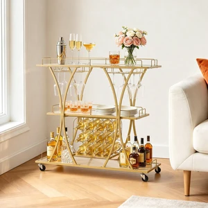 VEVOR Bar Cart, 3 Tiers Home Kitchen Serving Carts, Modern Rolling Utility Station on Wheels, Drink Beverage Trolley with Tempered Glass Shelves, Wine Rack, Glass Holder, for Living Dining Room, Gold VEVOR Bar Cart, 3 Tiers Home Kitchen Serving Carts, Modern Rolling Utility Station on Wheels, Drink Beverage Trolley with Tempered Glass Shelves, Wine Rack, Glass Holder, for Living Dining Room, Gold