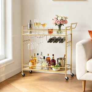 VEVOR Bar Cart, 2 Tiers Home Kitchen Serving Carts, Modern Rolling Utility Station on Wheel, Mobile Drink Beverage Trolley with Wooden & Mesh Shelf, Wine Rack, Glass Holder, 33.86x11.81x32.68 in, Gold VEVOR Bar Cart, 2 Tiers Home Kitchen Serving Carts, Modern Rolling Utility Station on Wheel, Mobile Drink Beverage Trolley with Wooden & Mesh Shelf, Wine Rack, Glass Holder, 33.86x11.81x32.68 in, Gold