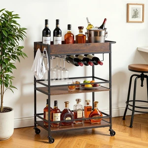 VEVOR Bar Cart, 3 Tiers Home Kitchen Serving Carts, Industrial Rolling Utility Station on Wheel, Mobile Drink Beverage Shelf with Wine Rack & Glass Holder, 26.77x14.17x32.68 in, Rustic Brown and Black VEVOR Bar Cart, 3 Tiers Home Kitchen Serving Carts, Industrial Rolling Utility Station on Wheel, Mobile Drink Beverage Shelf with Wine Rack & Glass Holder, 26.77x14.17x32.68 in, Rustic Brown and Black