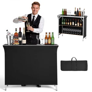 VEVOR Folding Portable Bar Table, 43.3 x 15.2 x 34.8 in, with Carry Bag, 2 Storage Shelves, and Detachable Skirt, Quick and Easy Setup, Foldable Mobile Bartending Station for Events, Party, Tradeshow VEVOR Folding Portable Bar Table, 43.3 x 15.2 x 34.8 in, with Carry Bag, 2 Storage Shelves, and Detachable Skirt, Quick and Easy Setup, Foldable Mobile Bartending Station for Events, Party, Tradeshow